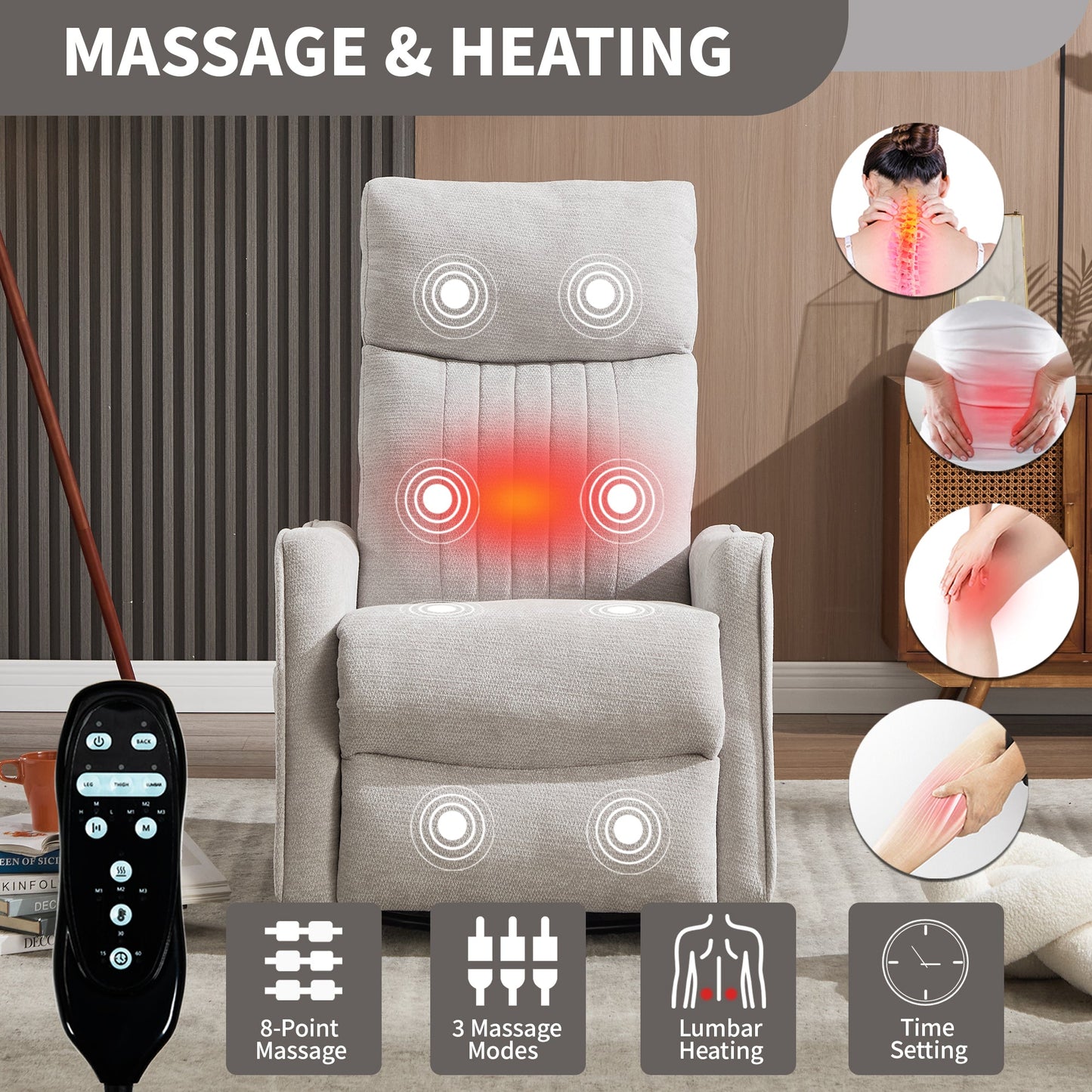 Comfortmax Swivel and Rocking Recliner by HouseOfZazla gray upholstery with massage and remote on Tampa Home & Garden Store