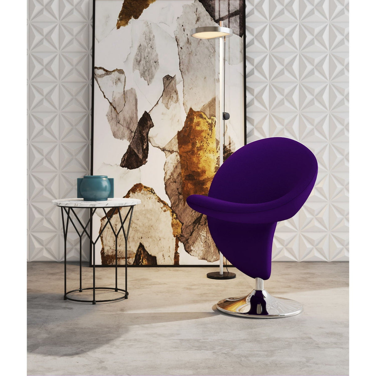 Swivel lounge chair with purple wool-blend upholstery and chrome pedestal base on Tampa Home & Garden Store