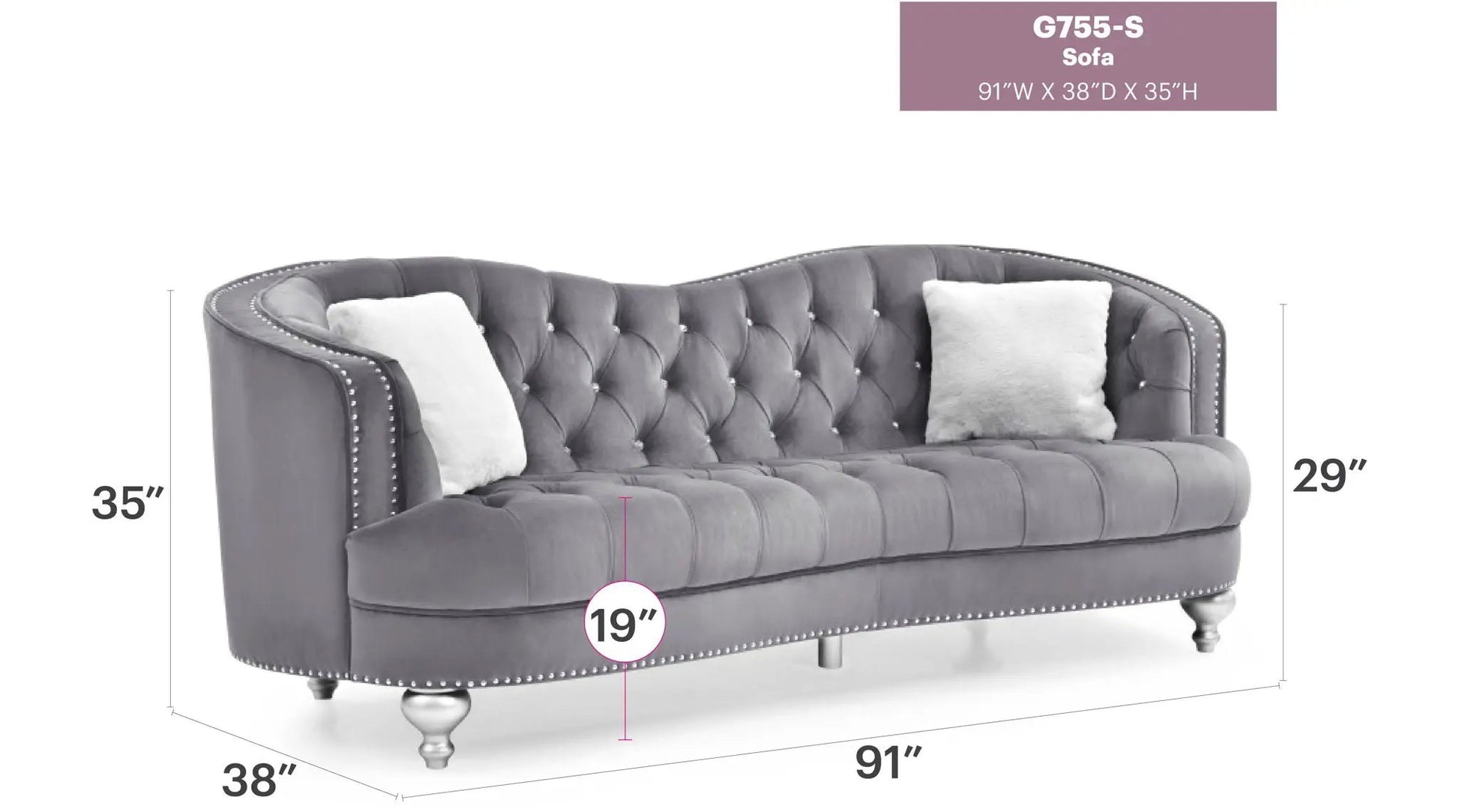 Jewel sofa by Unique Piece Furniture, dark gray tufted stationary sofa with nailhead trim on Tampa Home & Garden Store