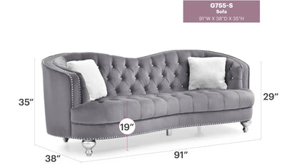 Jewel sofa by Unique Piece Furniture, dark gray tufted stationary sofa with nailhead trim on Tampa Home & Garden Store