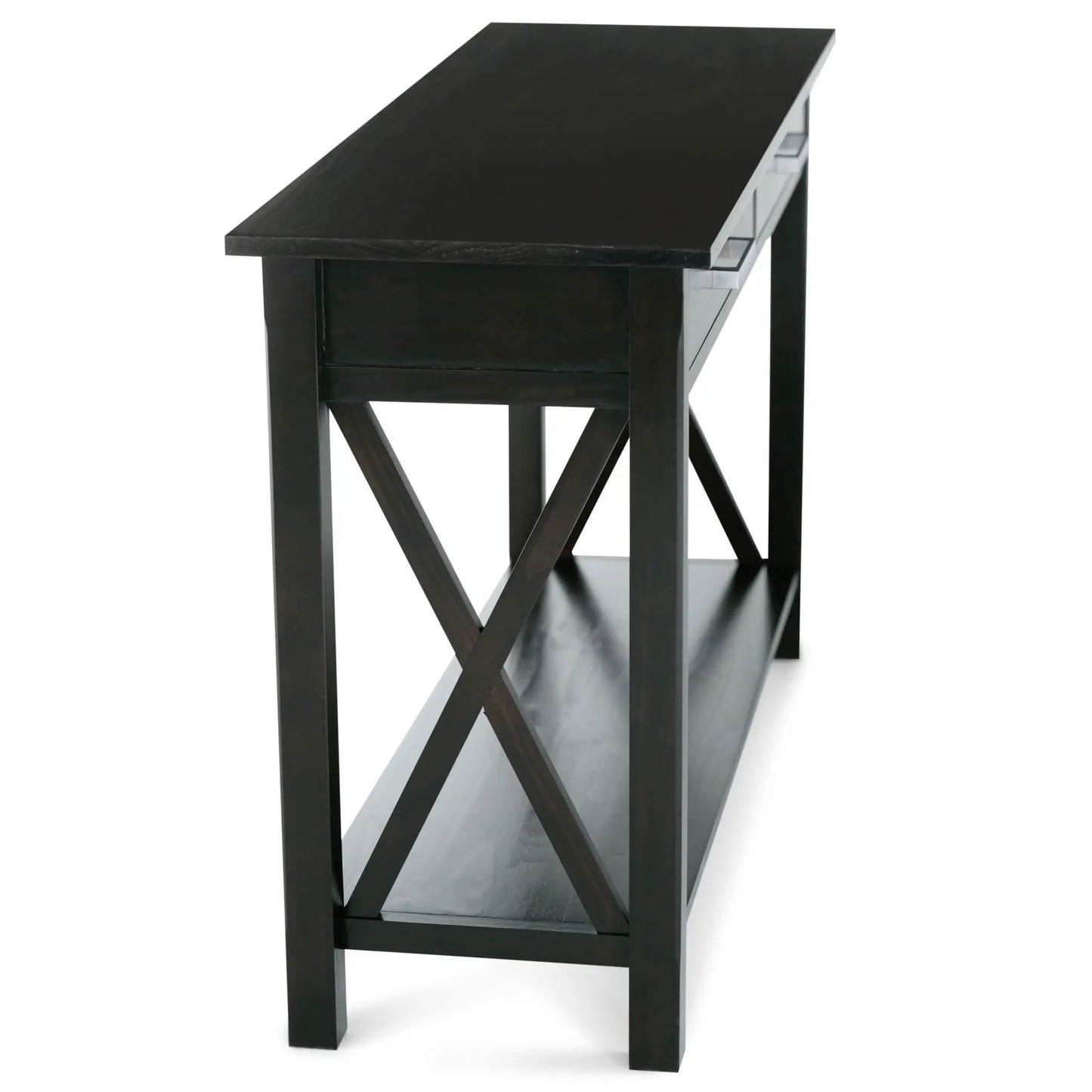 Kitchener Handcrafted Console Table in black wood with crisscross legs and glass shelf on Tampa Home & Garden Store