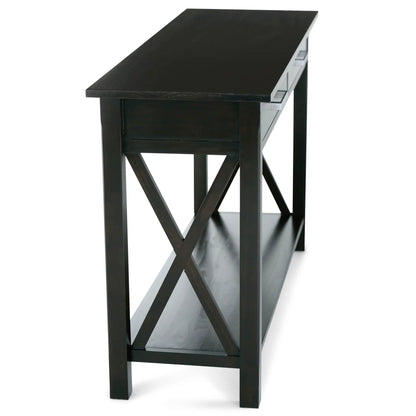 Kitchener Handcrafted Console Table in black wood with crisscross legs and glass shelf on Tampa Home & Garden Store