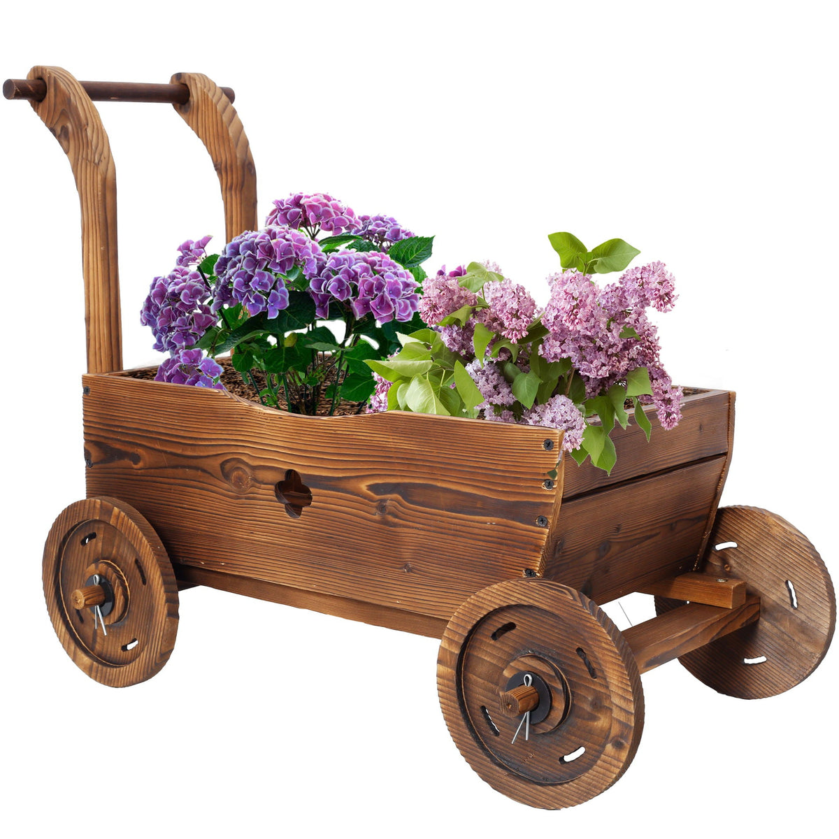 Wooden wagon planter box with wheels in brown, with purple hydrangeas and drain holes on Tampa Home & Garden Store