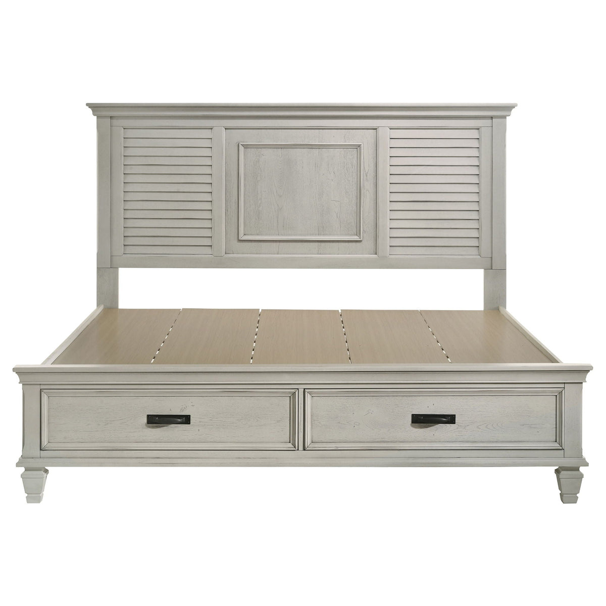 Capistrano 2-drawer bed frame in graywashed wood with louvered side panels on Tampa Home & Garden Store