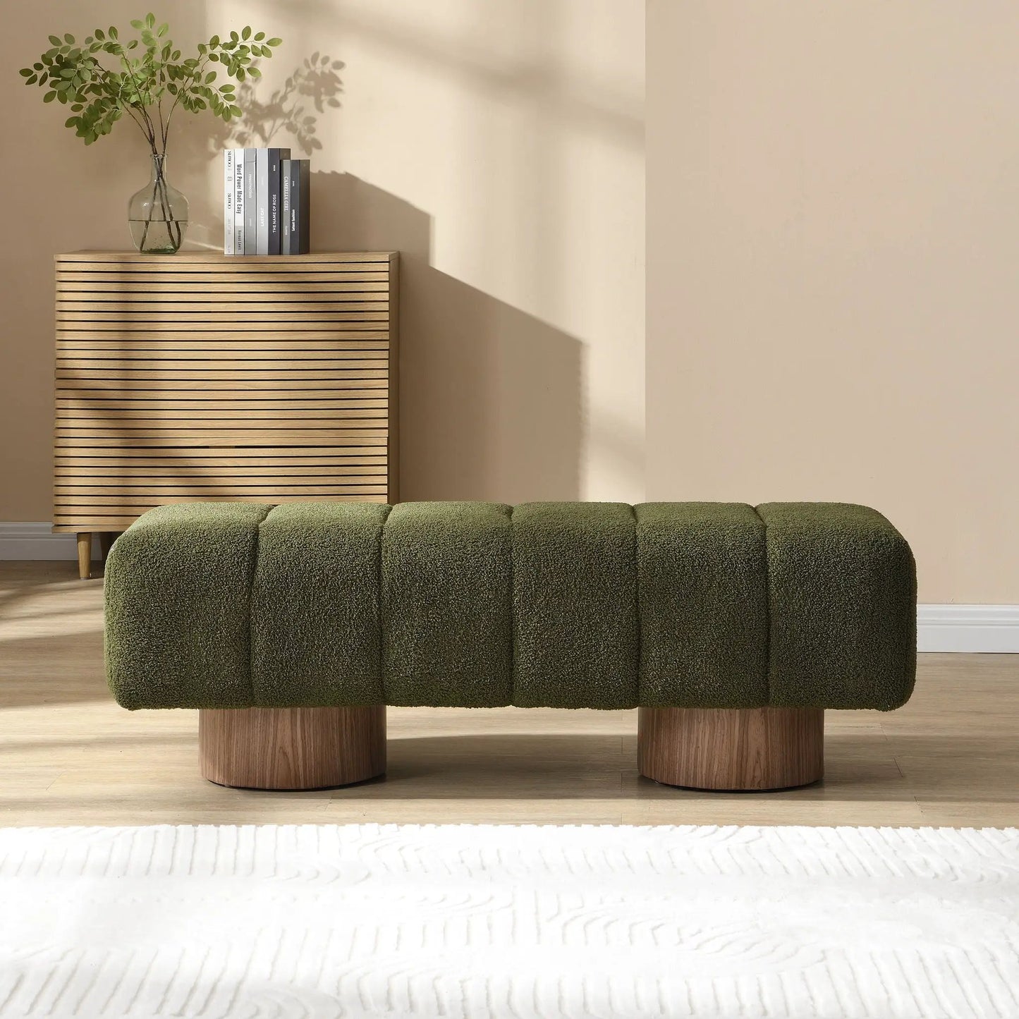 Upholstered dining bench in green fabric with round wooden legs by Unique Piece Furniture on Tampa Home & Garden Store