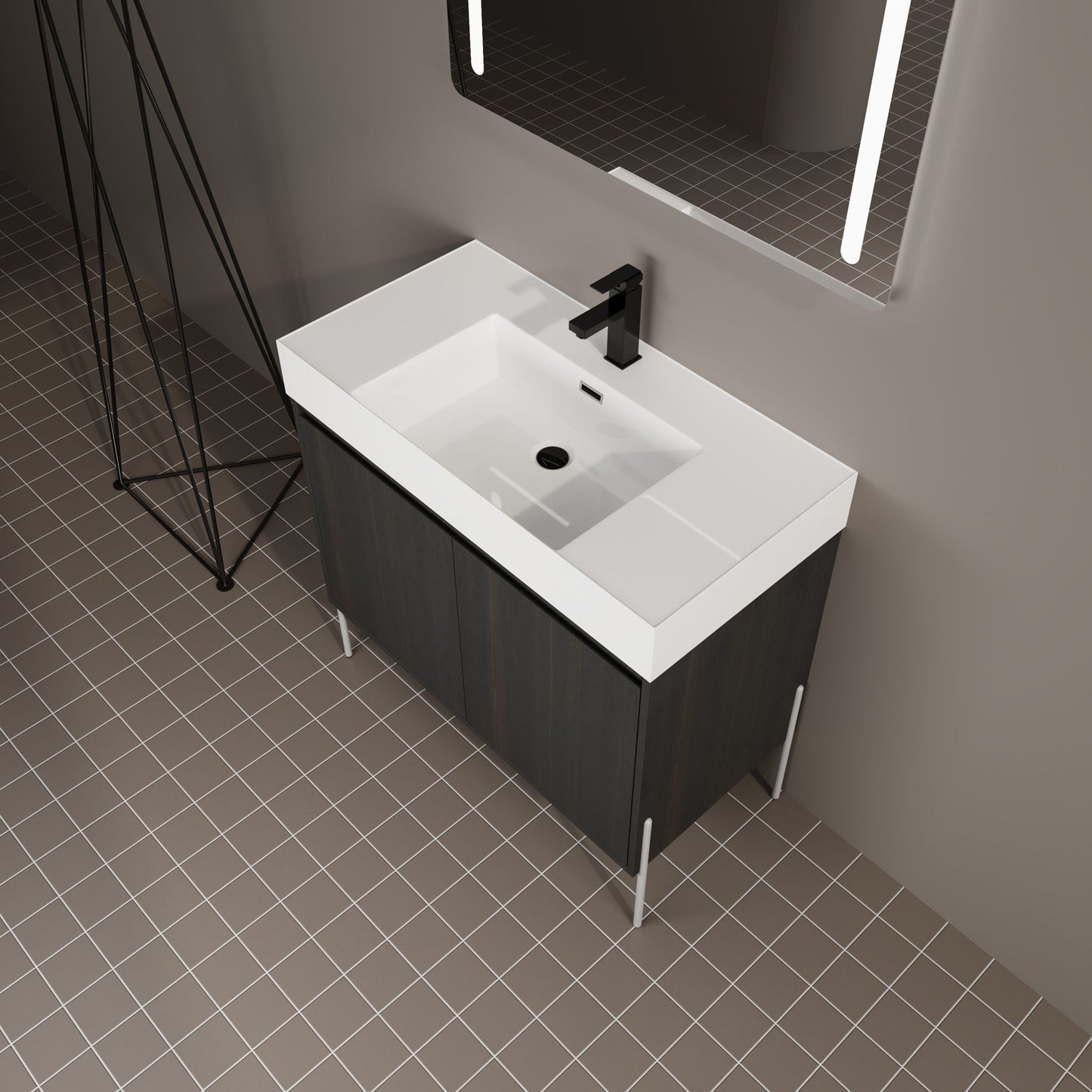Freestanding bathroom vanity with white sink and dark wood cabinet, black faucet on Tampa Home & Garden Store