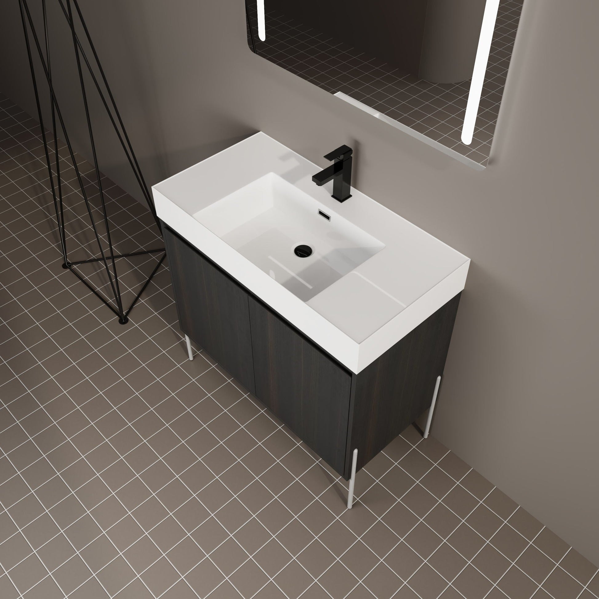 Freestanding bathroom vanity with white sink and dark wood cabinet, black faucet on Tampa Home & Garden Store