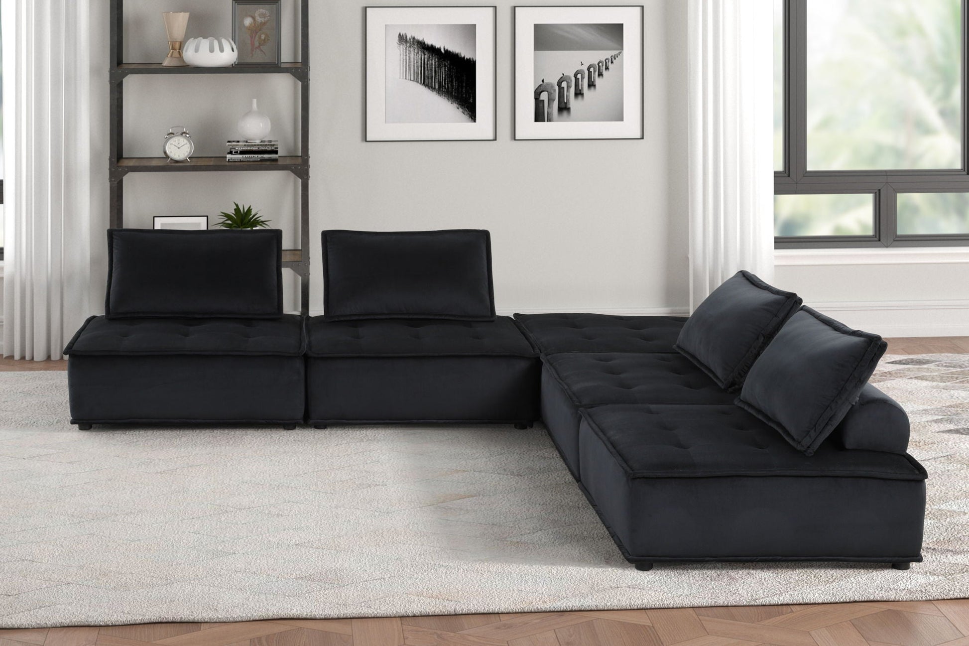 Anna - Stylish Sectional Sofa Ottoman, black tufted fabric, stationary sectional on Tampa Home & Garden Store