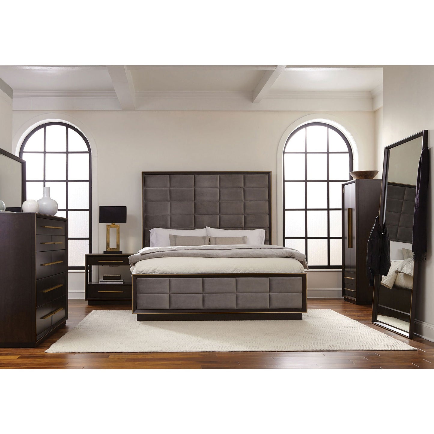 Drea panel bed in dark wood with a gray tufted headboard and matching nightstands on Tampa Home & Garden Store