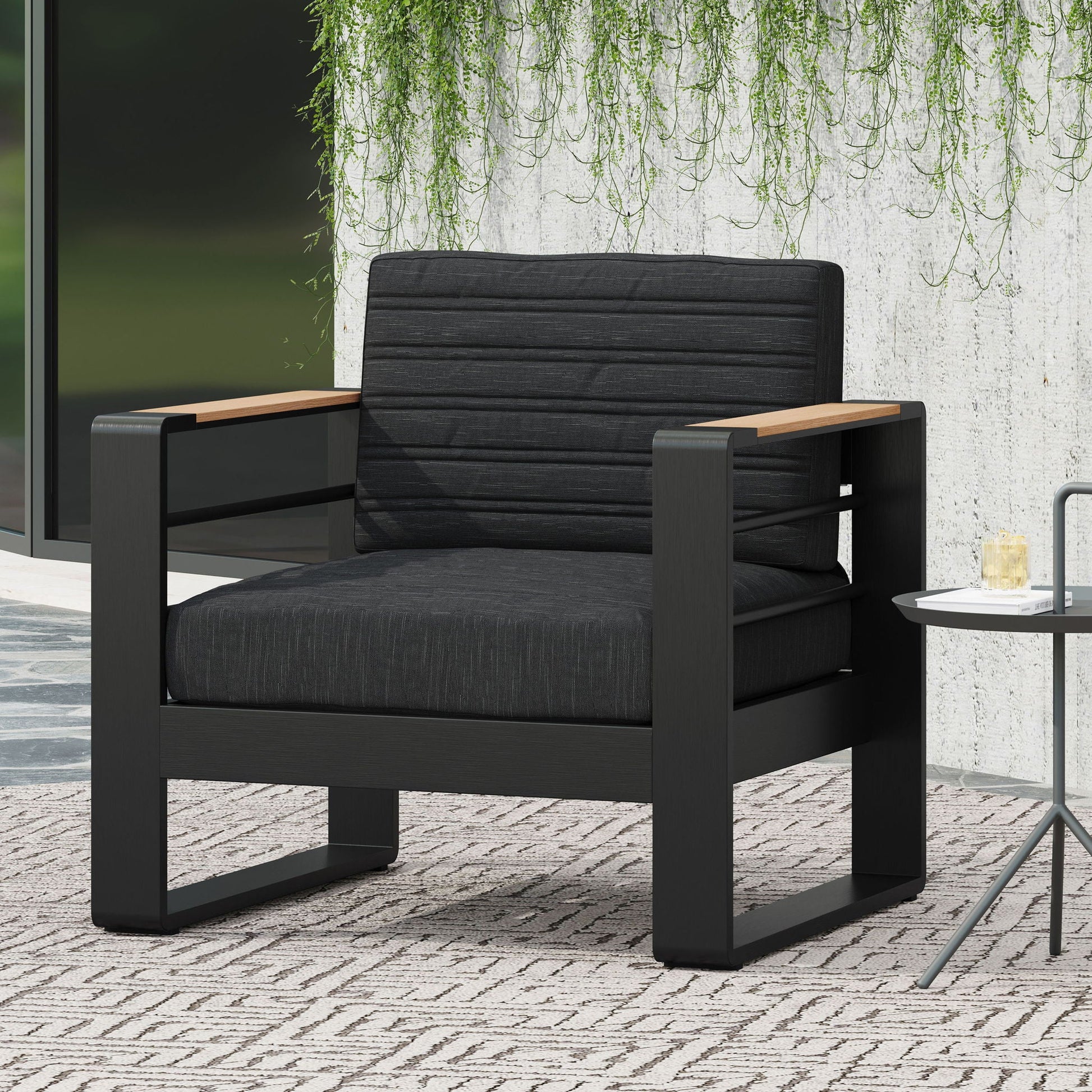Giovanna Club Chair Set outdoor arm chairs with aluminum frame and black cushions on Tampa Home & Garden Store