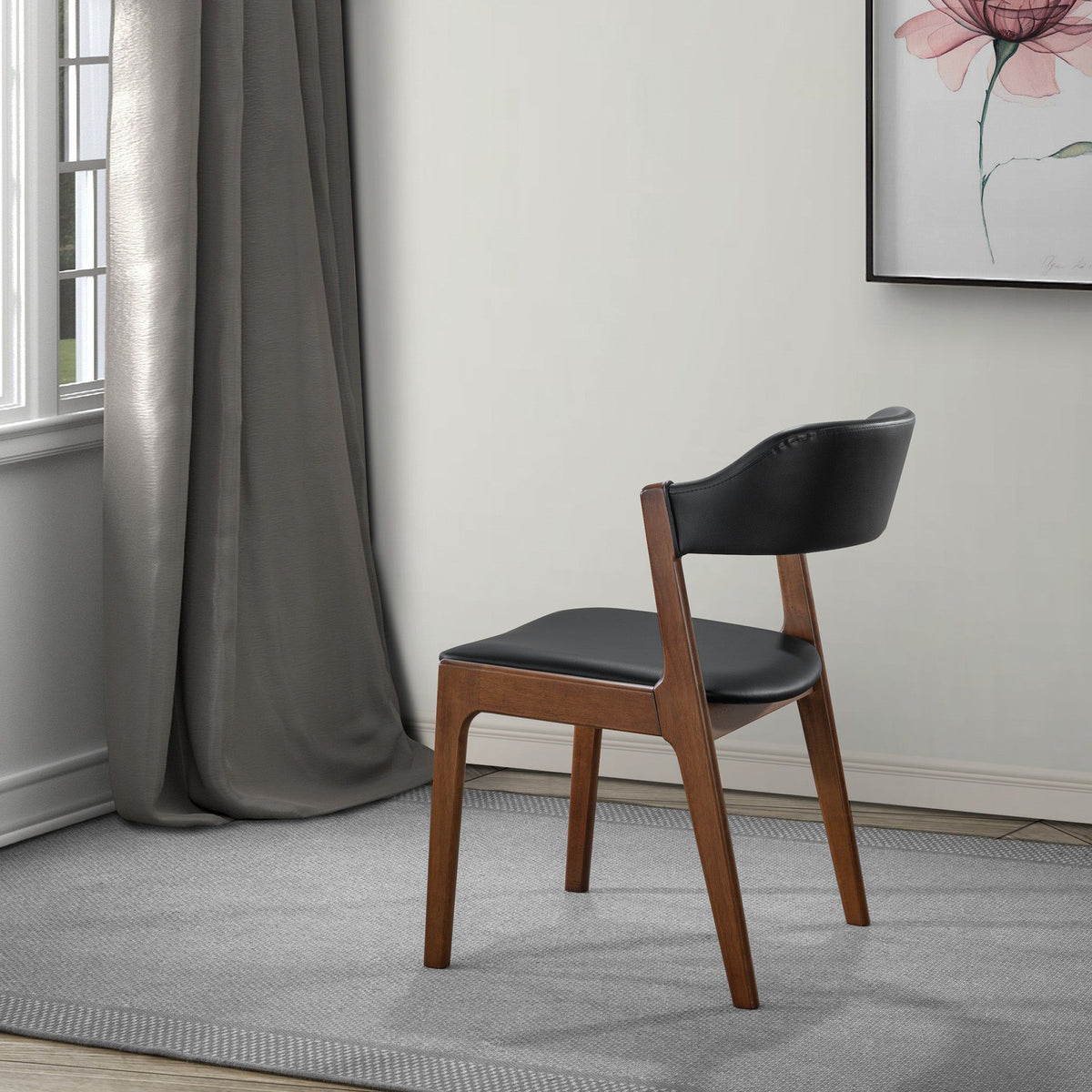 Enzo dining chair (set of 2) with black vegan leather seat and back, brown wooden legs on Tampa Home & Garden Store