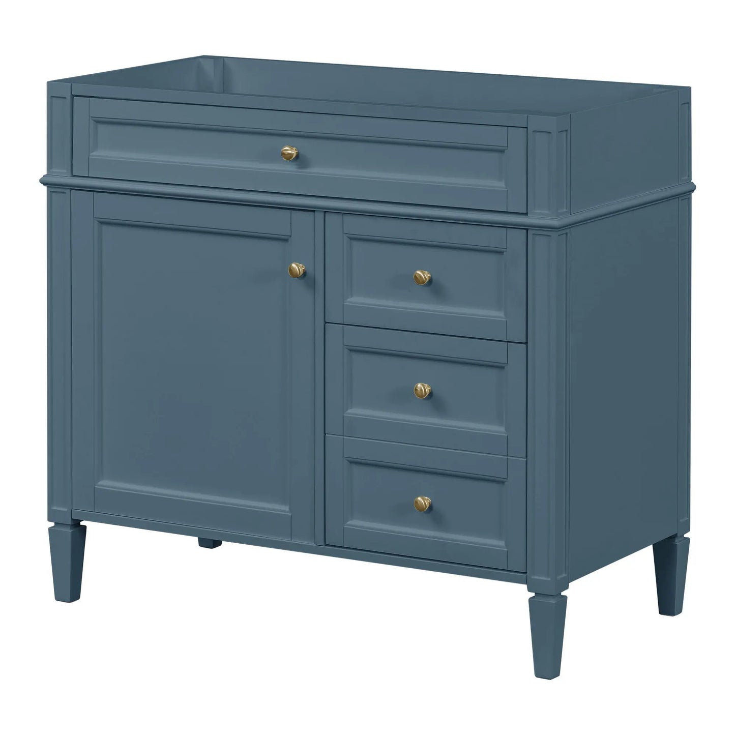 Bathroom vanity base with 2 drawers and tip-out drawer in blue with brass knobs on Tampa Home & Garden Store