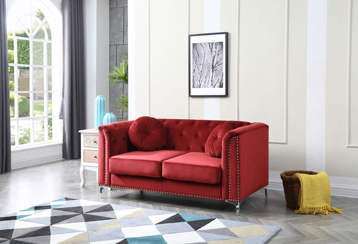 Stylish sloped-arm loveseat in red micro-suede with tufted cushions by HouseOfZazla on Tampa Home & Garden Store