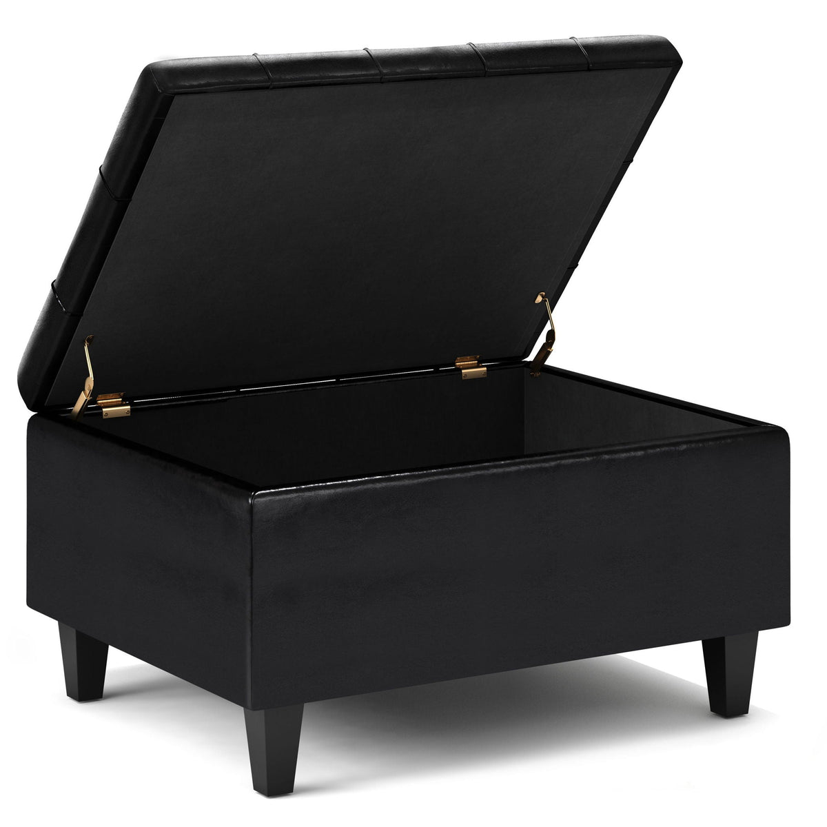 Harrison Tufted Lift Top and Storage Ottoman in black faux leather with gold hardware on Tampa Home & Garden Store