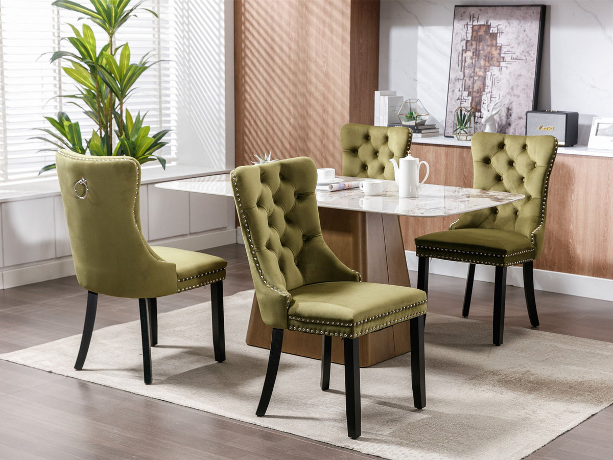 Tufted velvet dining chair set of 4 in olive green with nailhead trim and black legs on Tampa Home & Garden Store