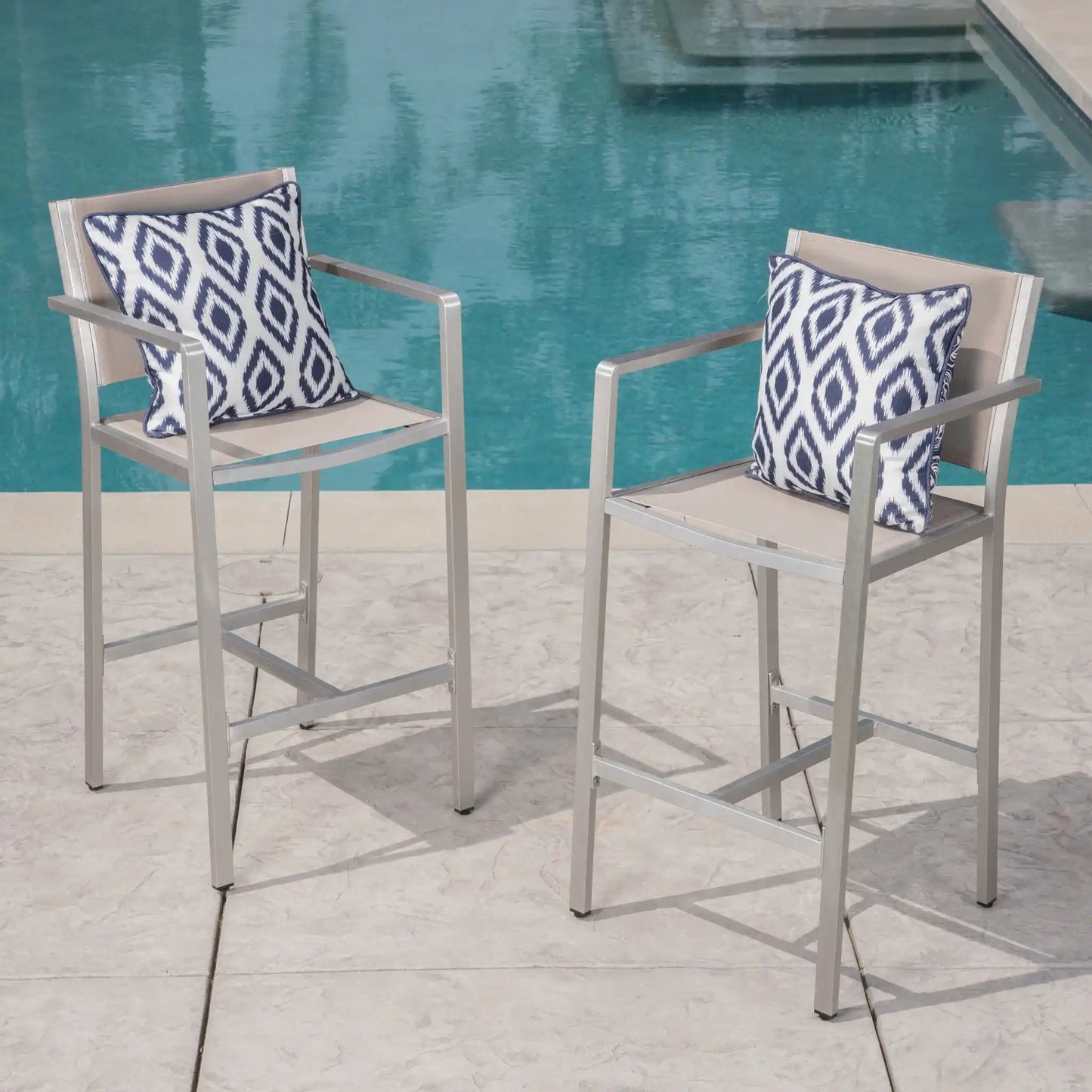 Outdoor rustproof bar stools set of 2 with beige seats and navy cushions HouseOfZazla on Tampa Home & Garden Store