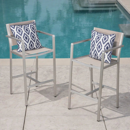 Outdoor rustproof bar stools set of 2 with beige seats and navy cushions HouseOfZazla on Tampa Home & Garden Store