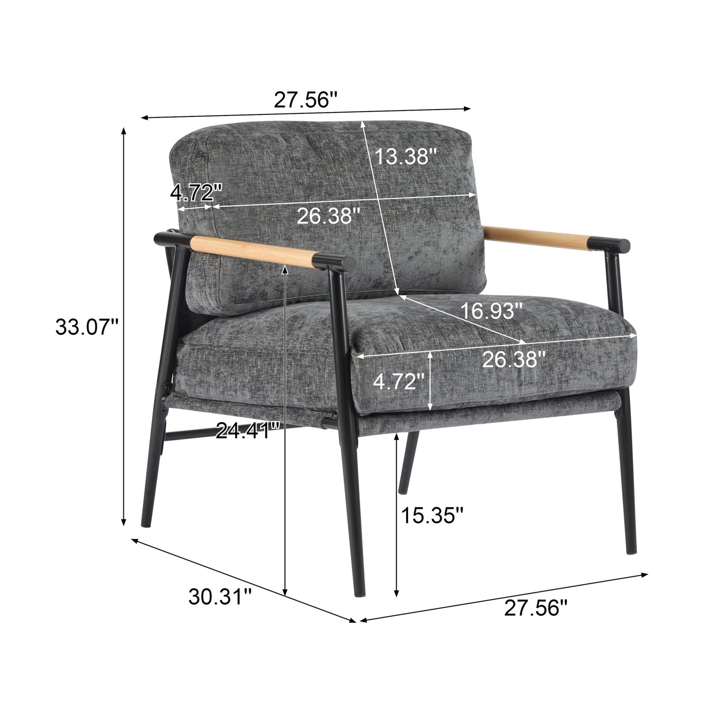 Modern accent chair gray plush fabric, wooden armrests and black metal legs HouseOfZazla on Tampa Home & Garden Store