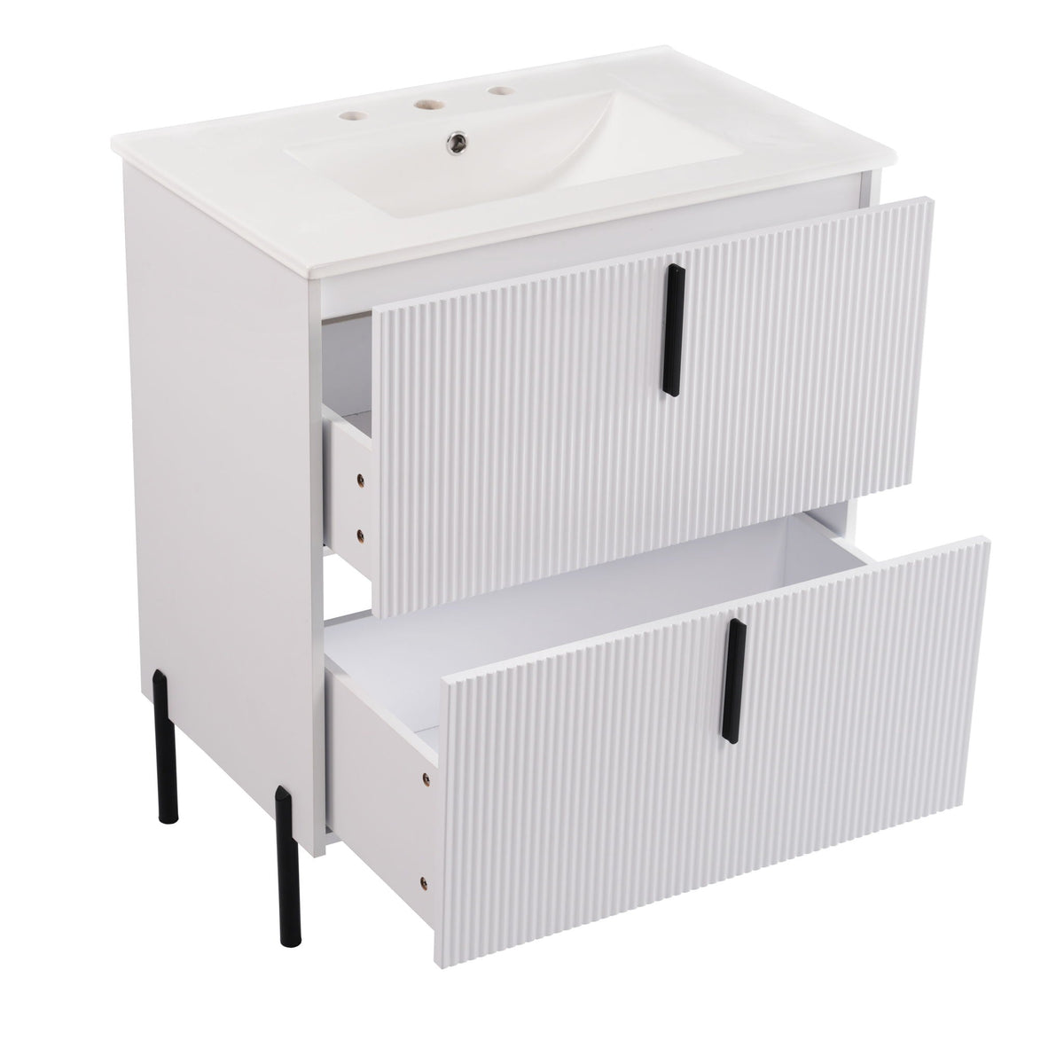Fluted white vanity with ceramic sink, three-hole faucet, black handles on Tampa Home & Garden Store