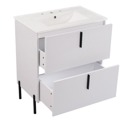 Fluted white vanity with ceramic sink, three-hole faucet, black handles on Tampa Home & Garden Store