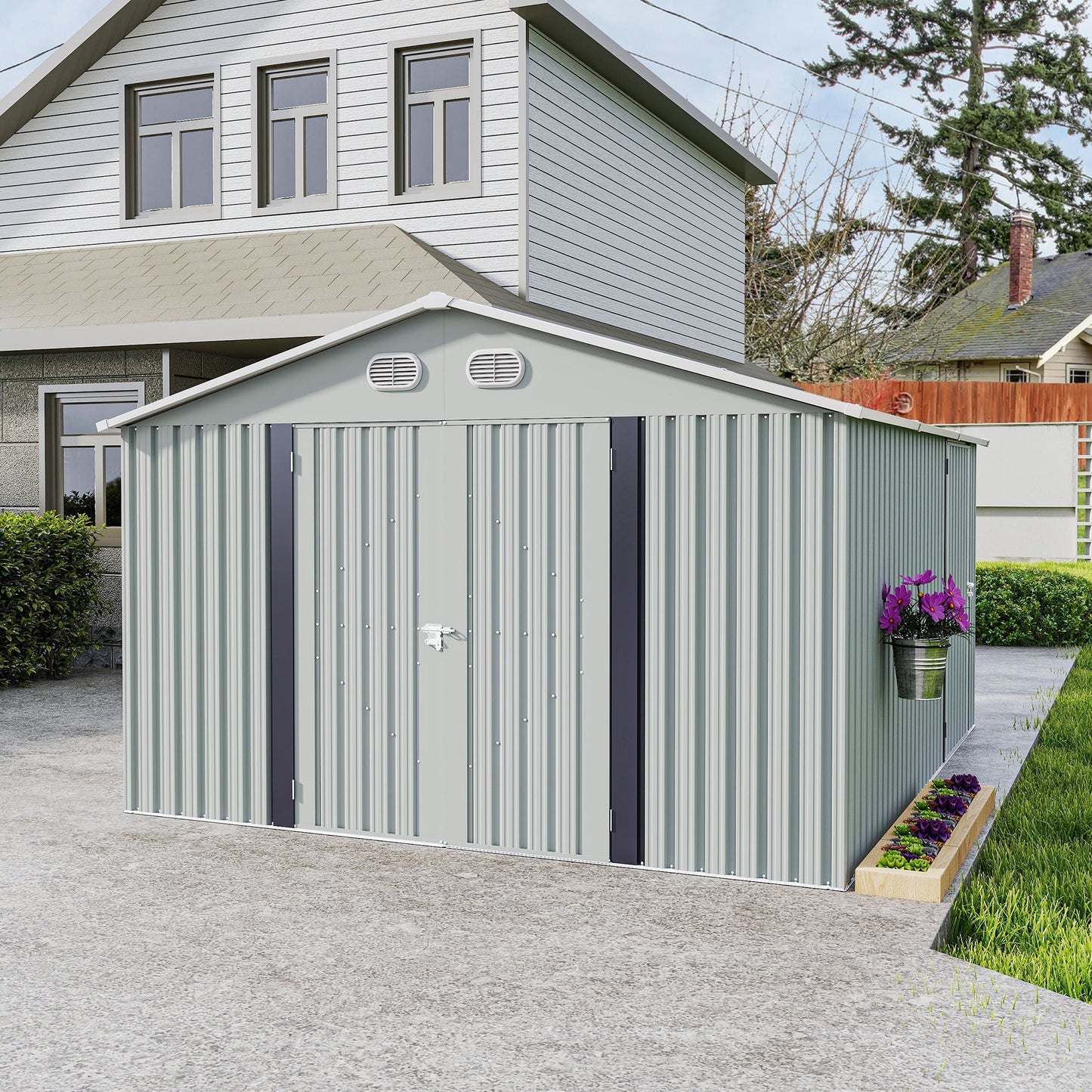 10x12 ft outdoor metal storage shed by HouseOfZazla, light gray steel with double doors on Tampa Home & Garden Store