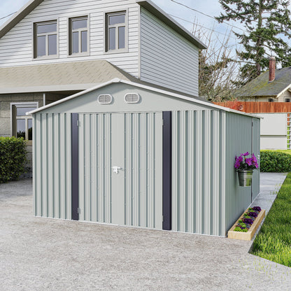 10x12 ft outdoor metal storage shed by HouseOfZazla, light gray steel with double doors on Tampa Home & Garden Store