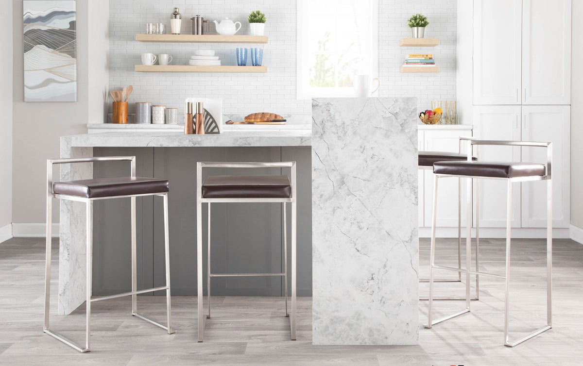 Stackable barstool HouseOfZazla with padded brown seat and chrome frame near marble island on Tampa Home & Garden Store