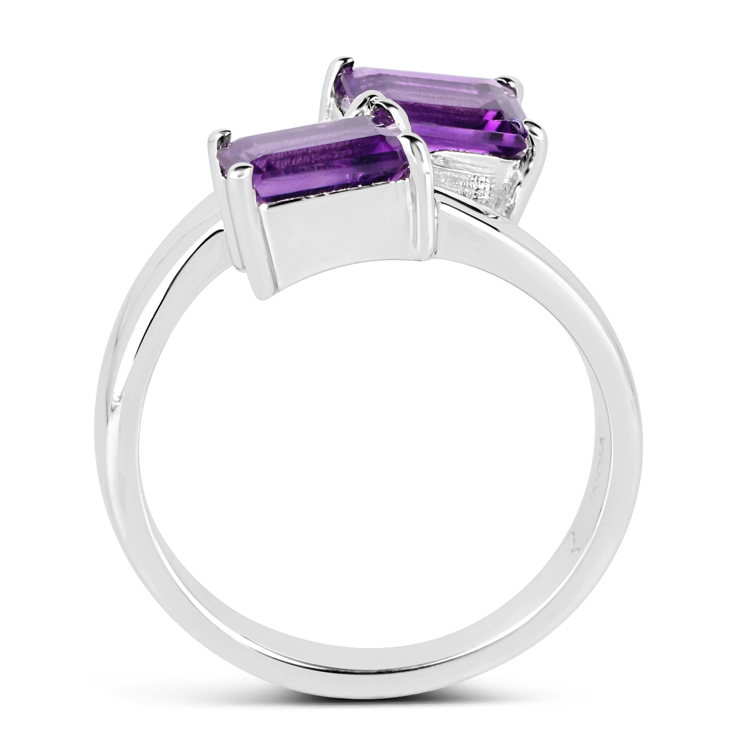 Sterling silver ring with two purple amethyst stones totaling 1.90ct in emerald-cut setting on Tampa Home & Garden Store