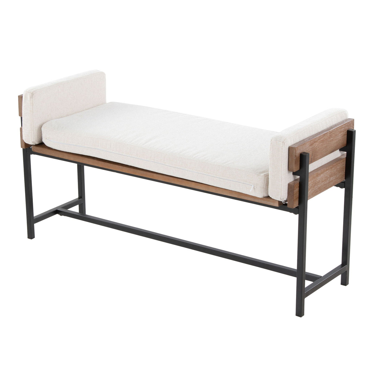 Upholstered Farmhouse Bench beige fabric with wood frame and black metal legs HouseOfZazla on Tampa Home & Garden Store