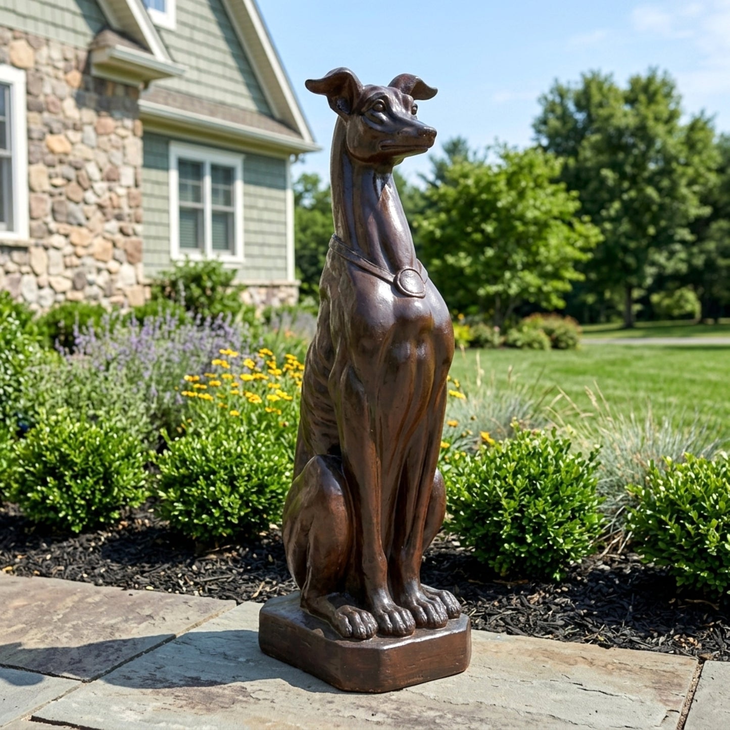 Greyhound statue by HouseOfZazla in bronze finish garden sculpture with long neck and ears on Tampa Home & Garden Store