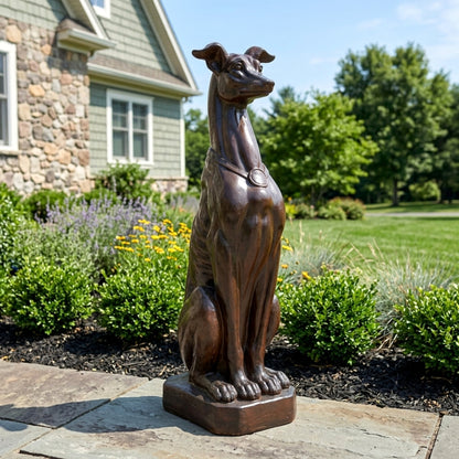 Greyhound statue by HouseOfZazla in bronze finish garden sculpture with long neck and ears on Tampa Home & Garden Store