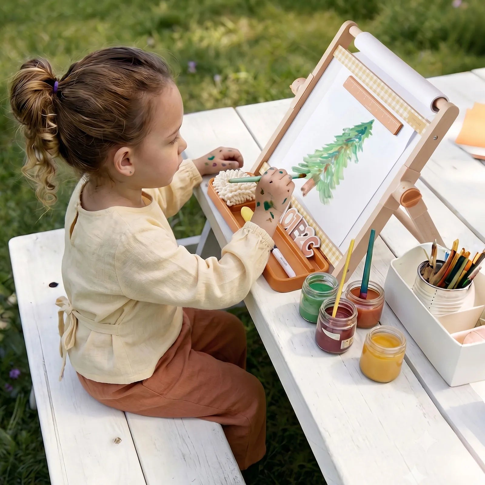 Tiny Land Double-Sided Magnetic Tabletop Easel for Kids, wooden easel with paints outdoors on Tampa Home & Garden Store