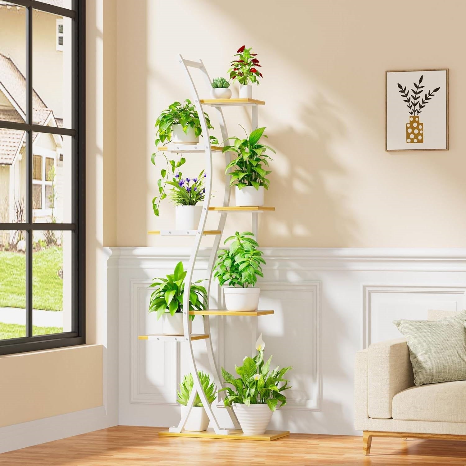 63-inch Tall Indoor Plant Stand with White Metal Frame and Wood Finish Shelves - Tampa Home & Garden Store