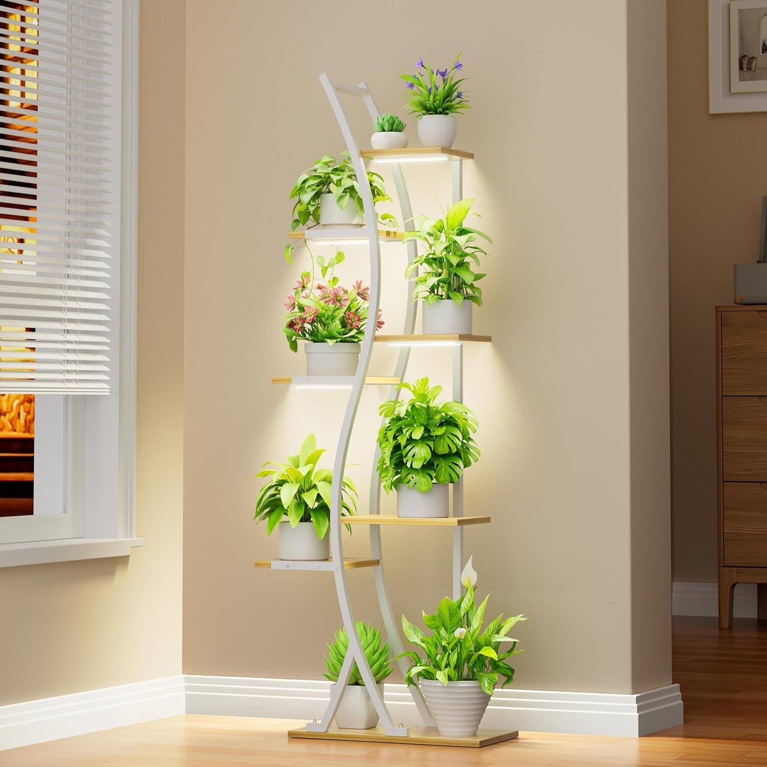 63-inch Tall Indoor Plant Stand with White Metal Frame and Wood Finish Shelves - Tampa Home & Garden Store