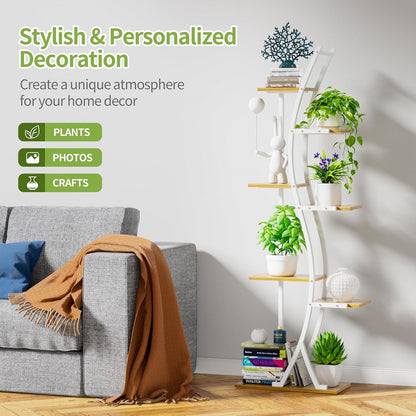 63-inch Tall Indoor Plant Stand with White Metal Frame and Wood Finish Shelves - Tampa Home & Garden Store