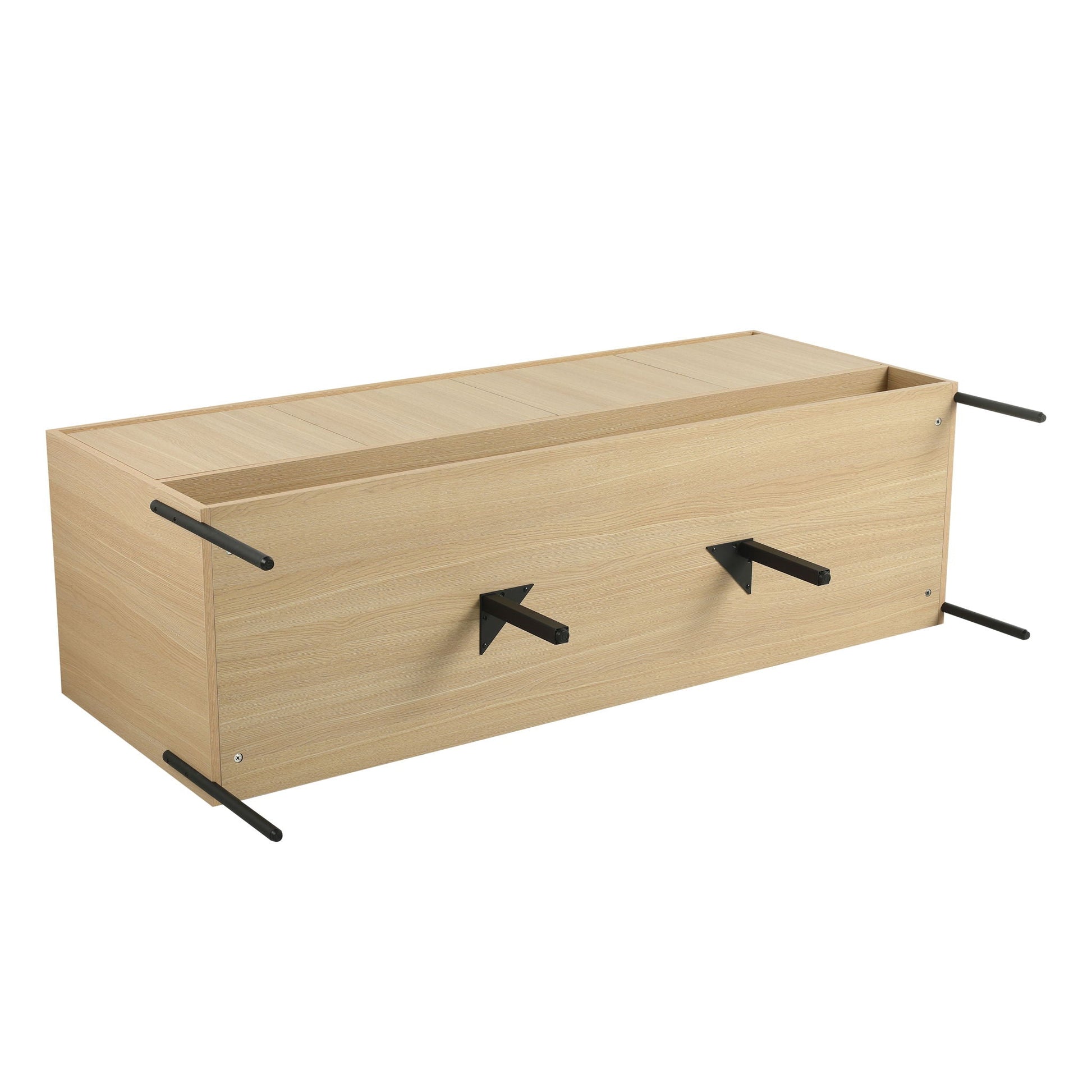 Modern bathroom vanity cabinet in natural wood with black metal handles and open storage on Tampa Home & Garden Store