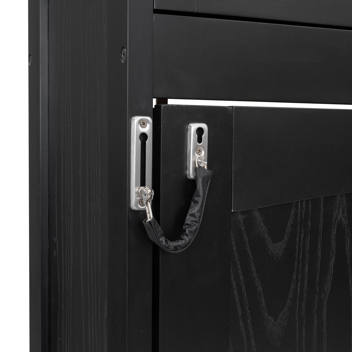 Murphy bed with storage cabinets in black wood finish showing metal hardware and cords on Tampa Home & Garden Store