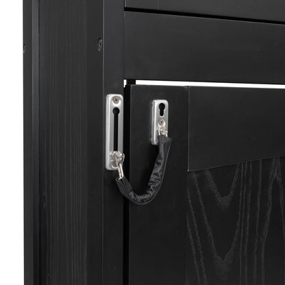 Murphy bed with storage cabinets in black wood finish showing metal hardware and cords on Tampa Home & Garden Store