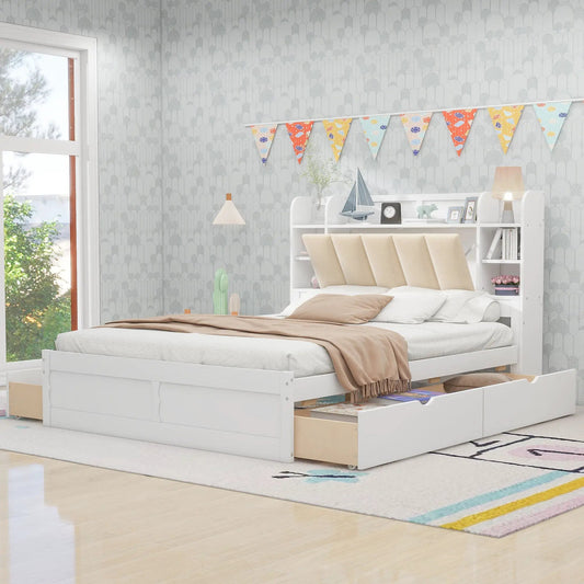 White wood queen platform bed with storage headboard and built-in drawers on Tampa Home & Garden Store