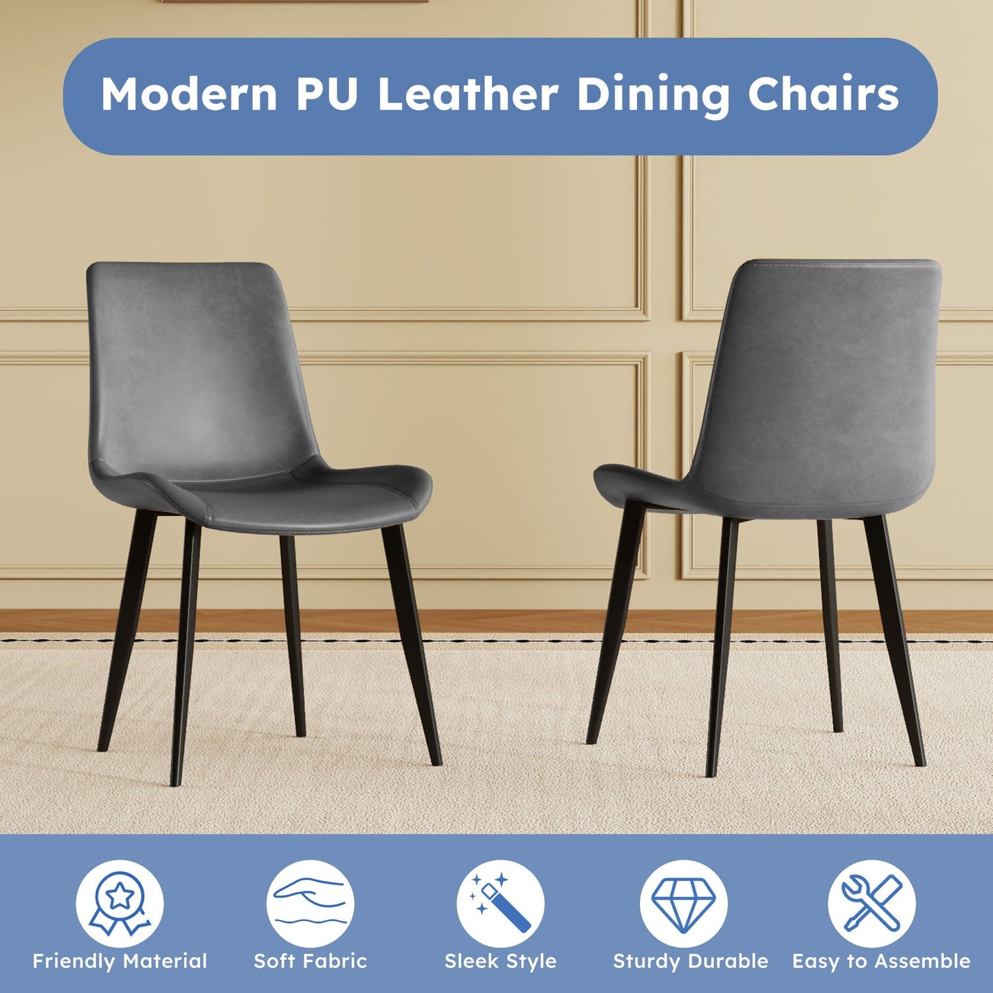 Modern PU Leather Dining Chairs gray with black legs ergonomic design HouseOfZazla on Tampa Home & Garden Store