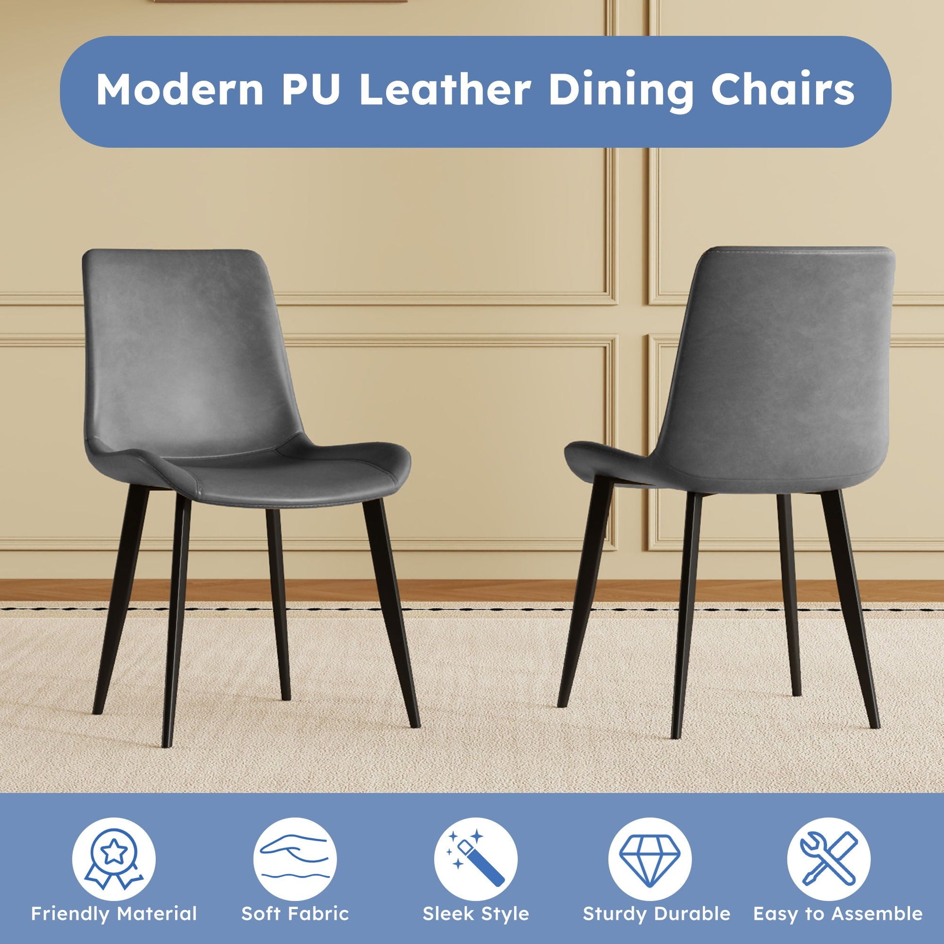 Modern PU Leather Dining Chairs gray with black legs ergonomic design HouseOfZazla on Tampa Home & Garden Store