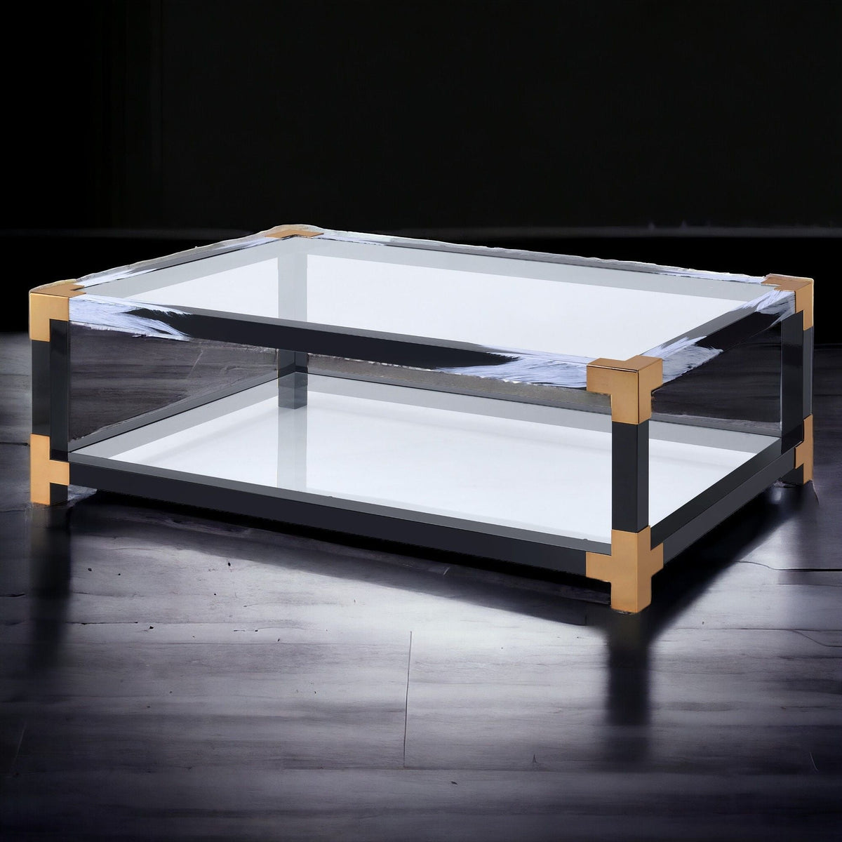 Lafty Glass Coffee Table Multi with black frame, glass top and shelf, gold corner accents on Tampa Home & Garden Store