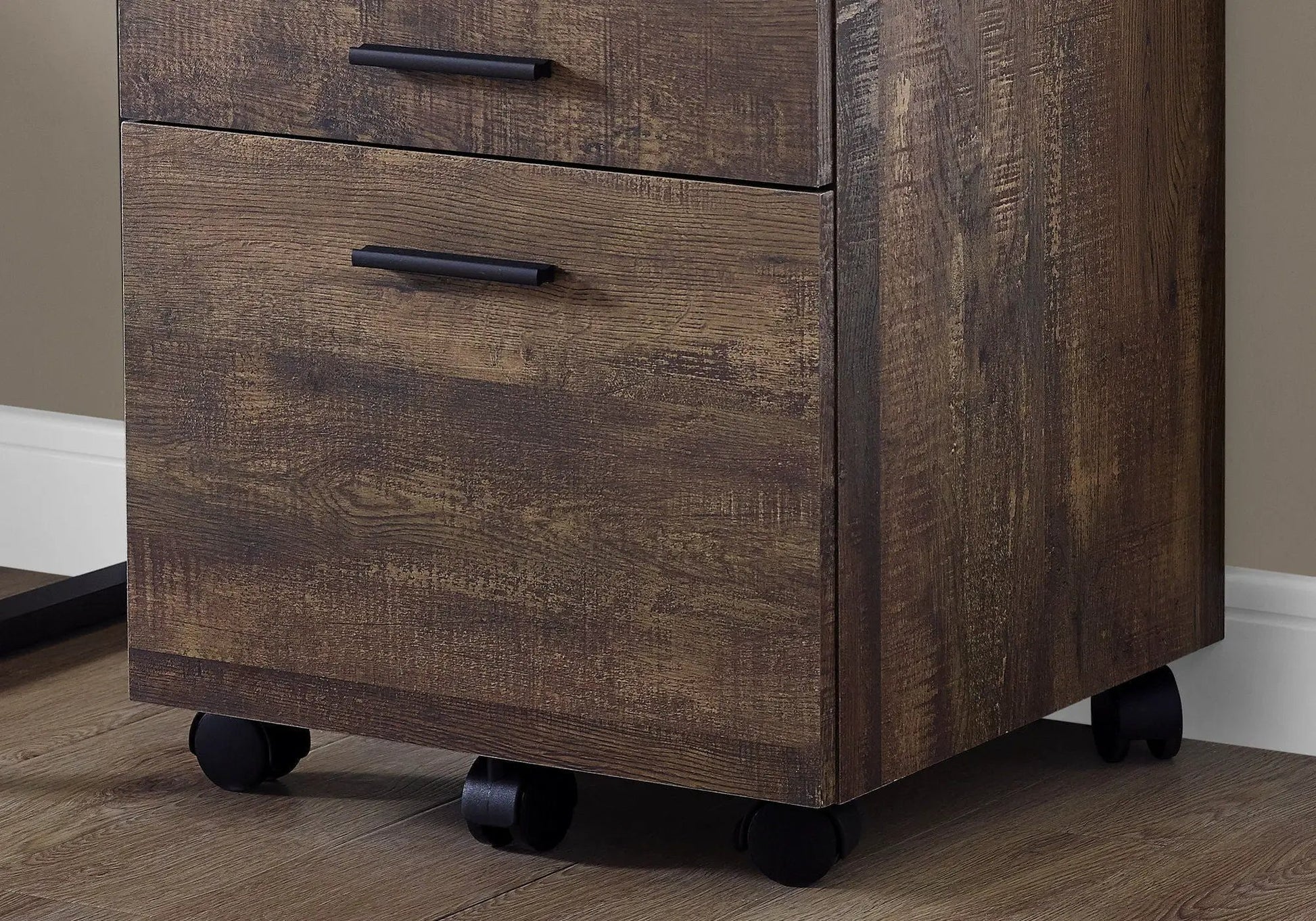 Two-drawer file cabinet rolling storage printer stand in dark rustic wood with casters on Tampa Home & Garden Store