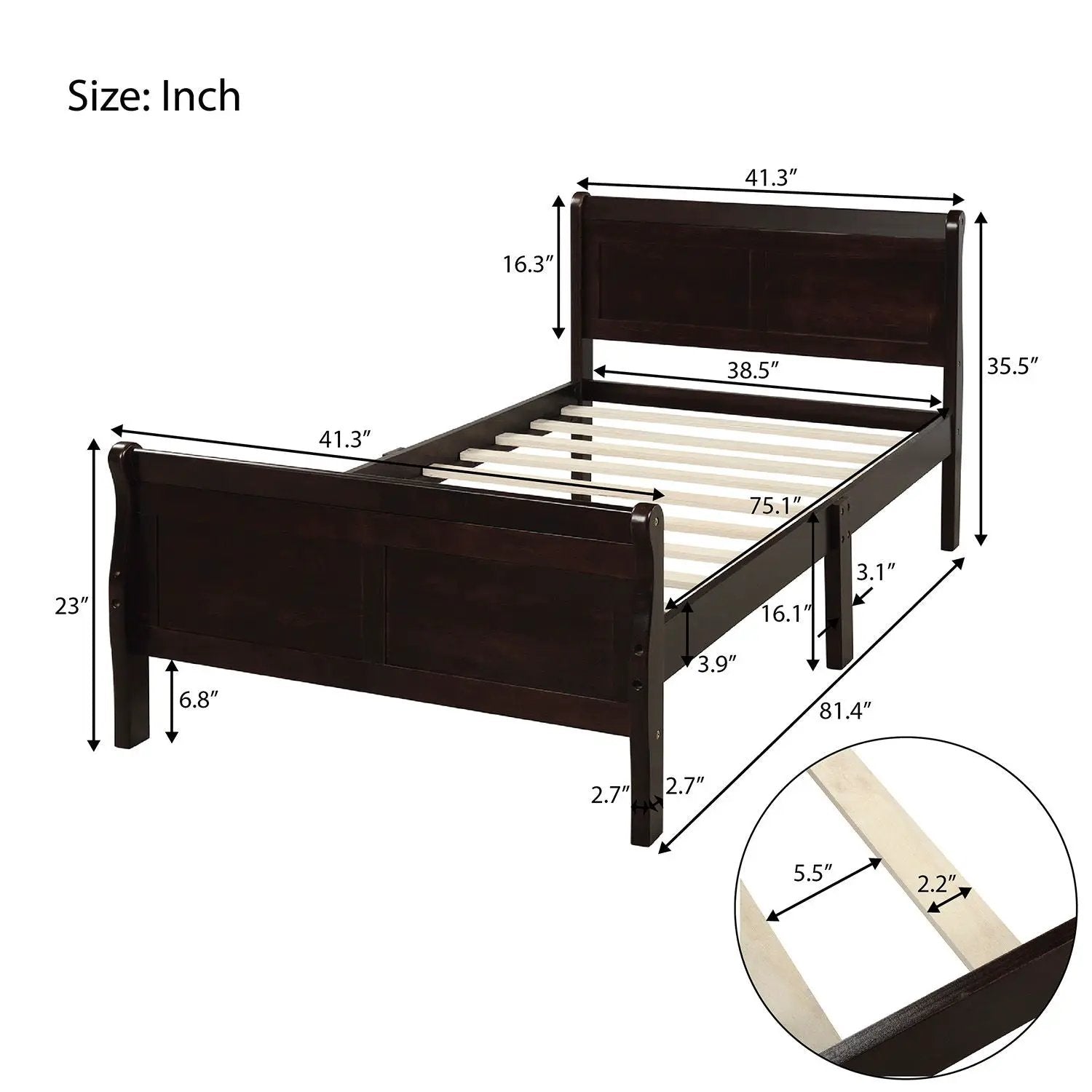 Platform bed frame in dark espresso wood with headboard and footboard and wood slat support on Tampa Home & Garden Store