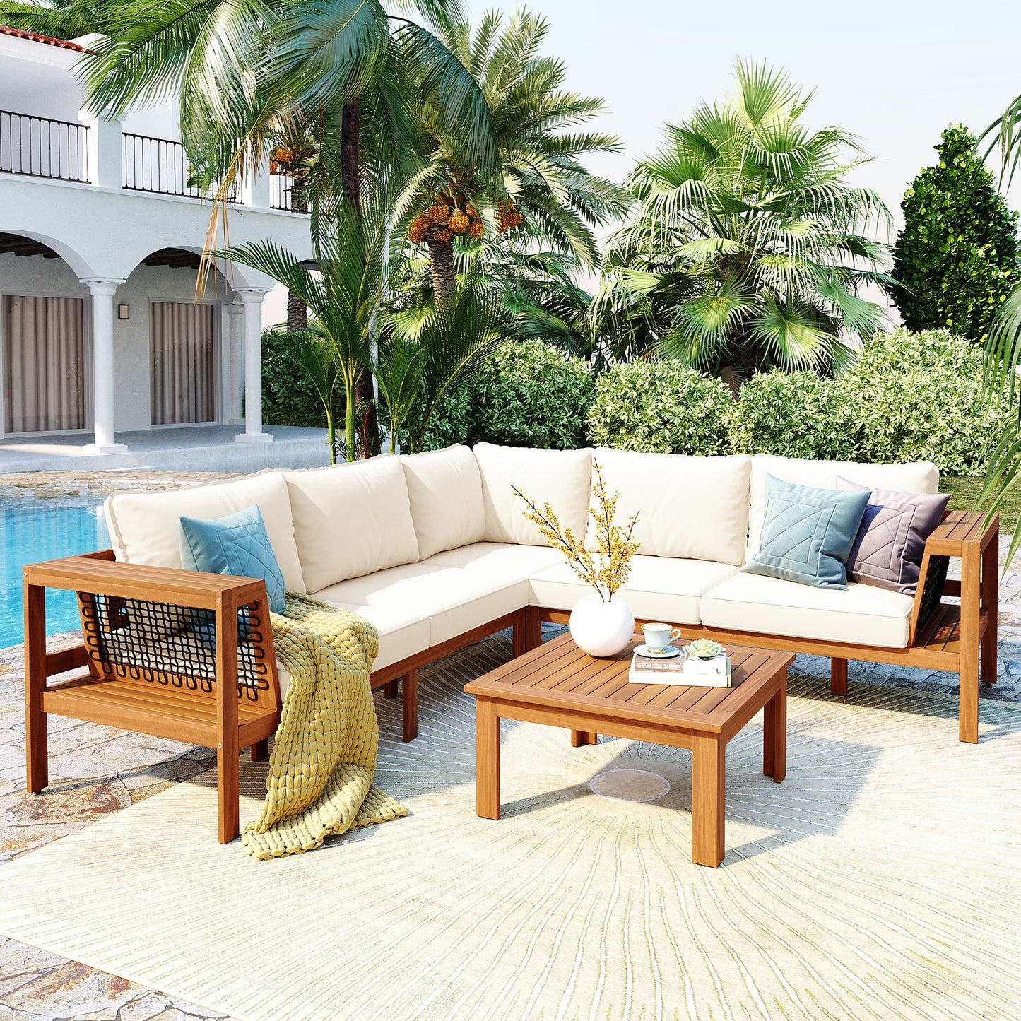 GO 4-Piece Outdoor Acacia Sofa Set with Coffee Table by HouseOfZazla, cream cushions on Tampa Home & Garden Store