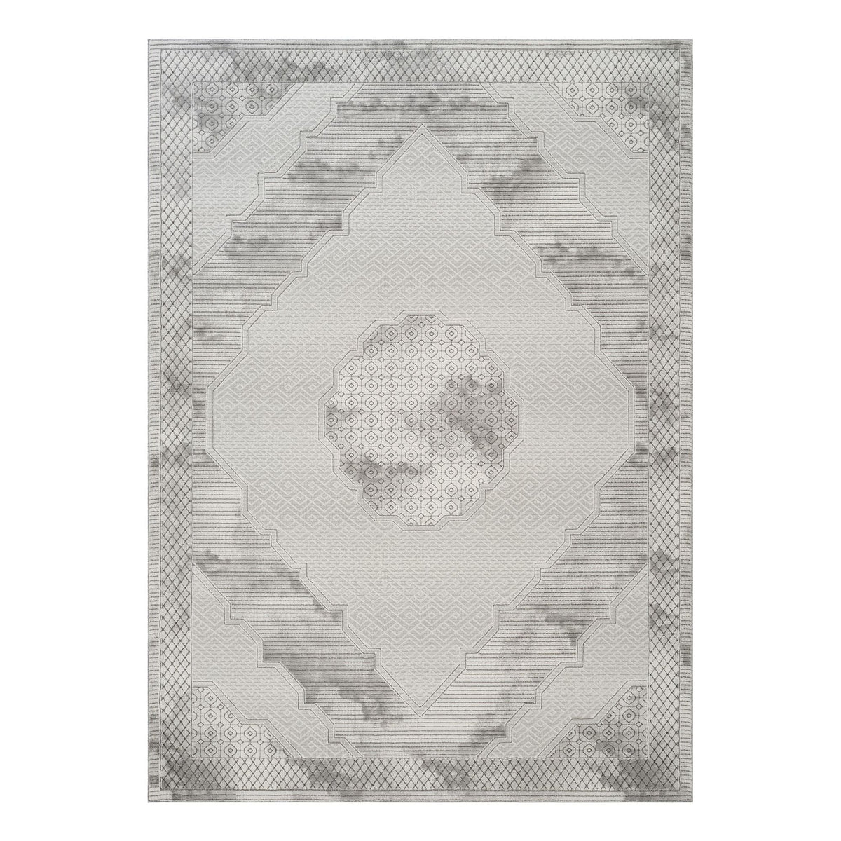 Gray medallion area rug with geometric 3D detail, neutral tones and lattice bordered edges on Tampa Home & Garden Store
