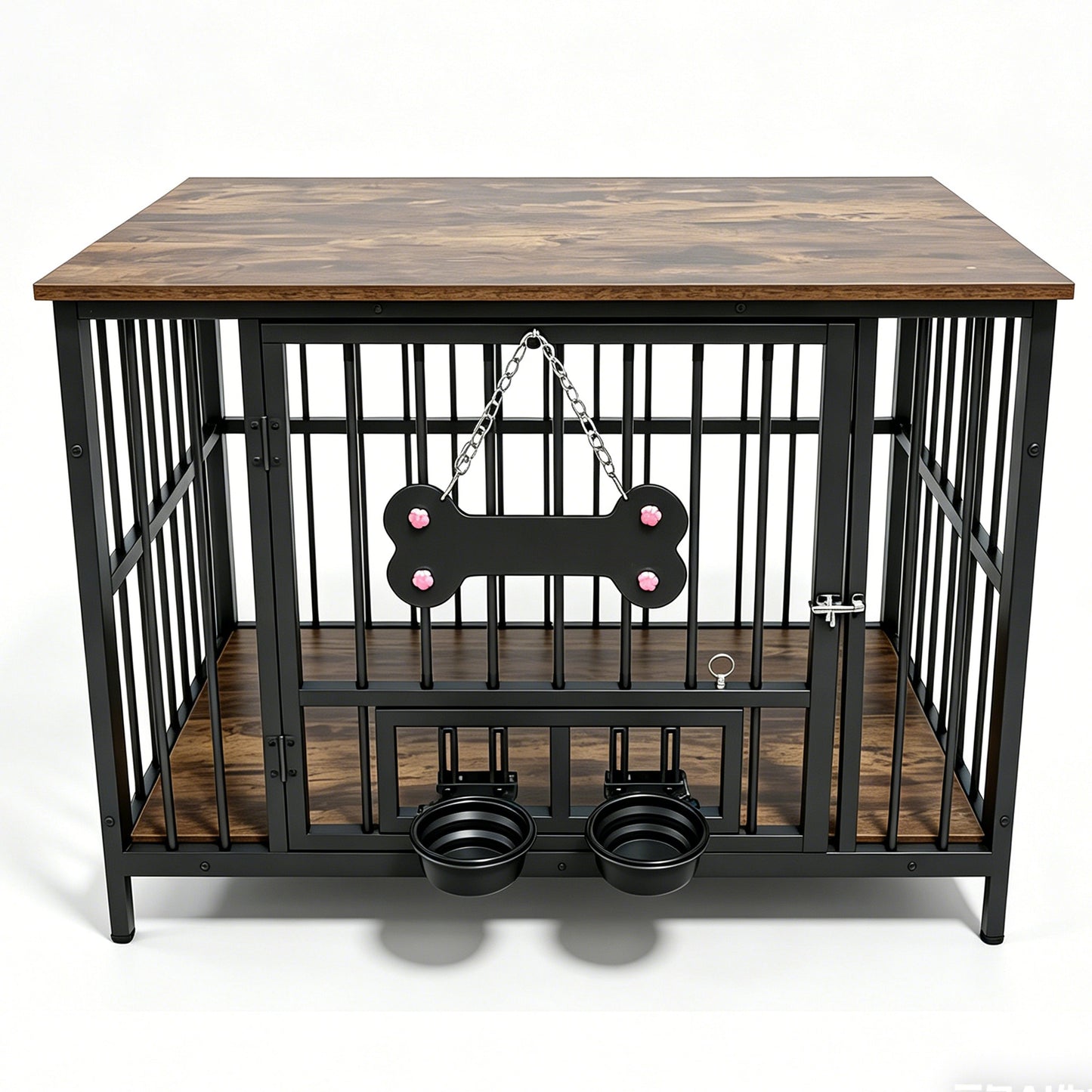 Vintage wood grain dog cage with rotating bowls, black frame, wood top by HouseOfZazla on Tampa Home & Garden Store