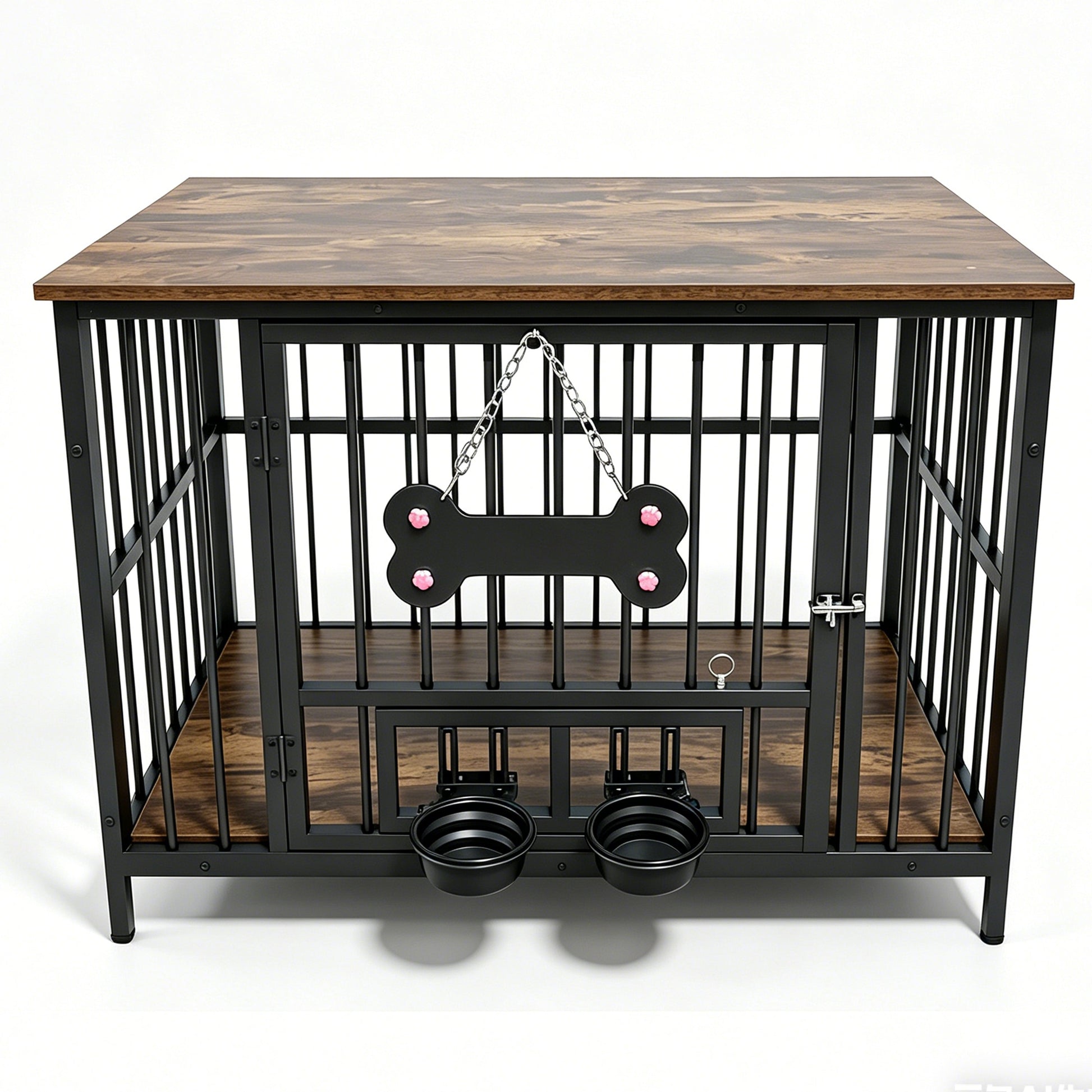 Vintage wood grain dog cage with rotating bowls, black frame, wood top by HouseOfZazla on Tampa Home & Garden Store