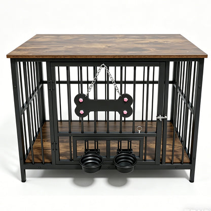 Vintage wood grain dog cage with rotating bowls, black frame, wood top by HouseOfZazla on Tampa Home & Garden Store