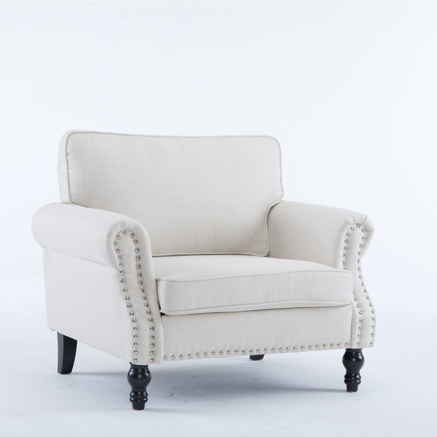 Beige upholstered accent chair with rolled arms, nailhead trim, and dark wood legs HouseOfZazla on Tampa Home & Garden Store